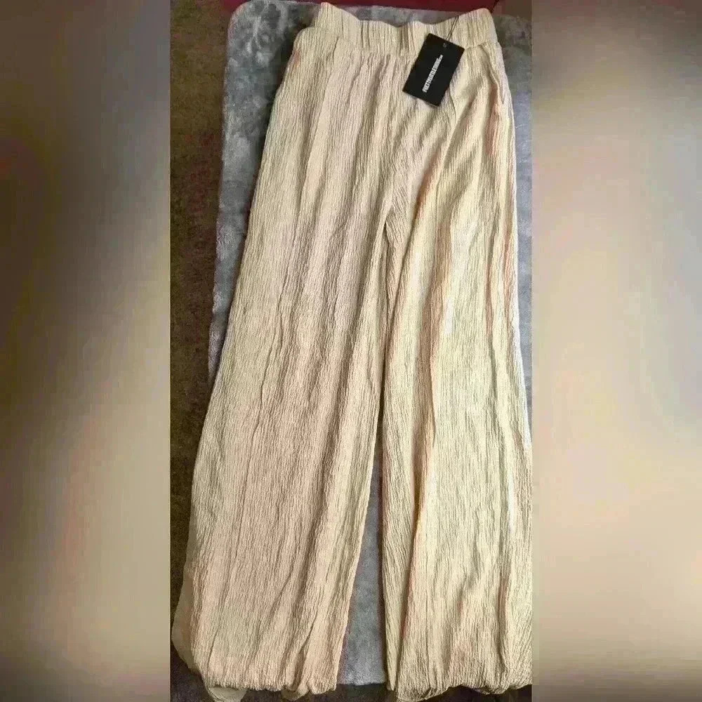 Pretty Little Thing Wide Leg Trousers Woman Size 2 Stone Textured Tan High Waist